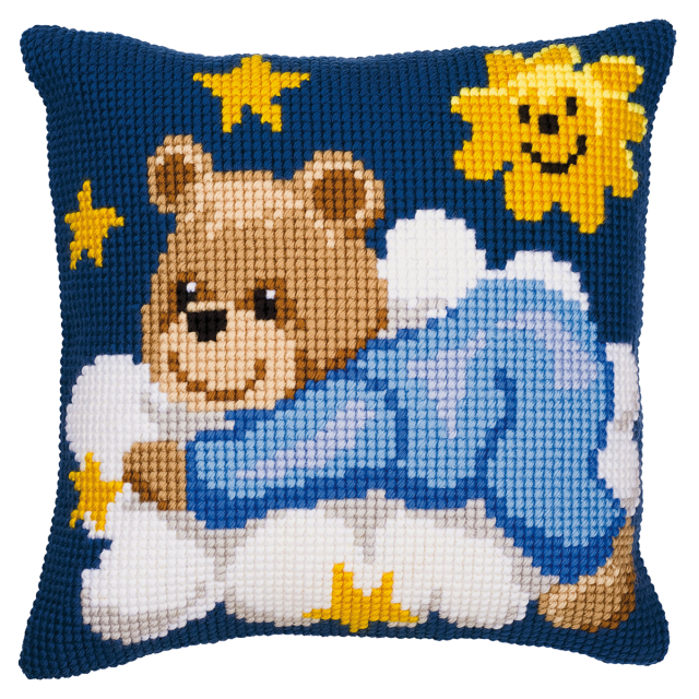 Buy Vervaco Blue Teddy Cushion Cross Stitch Kit by World of Jewellery