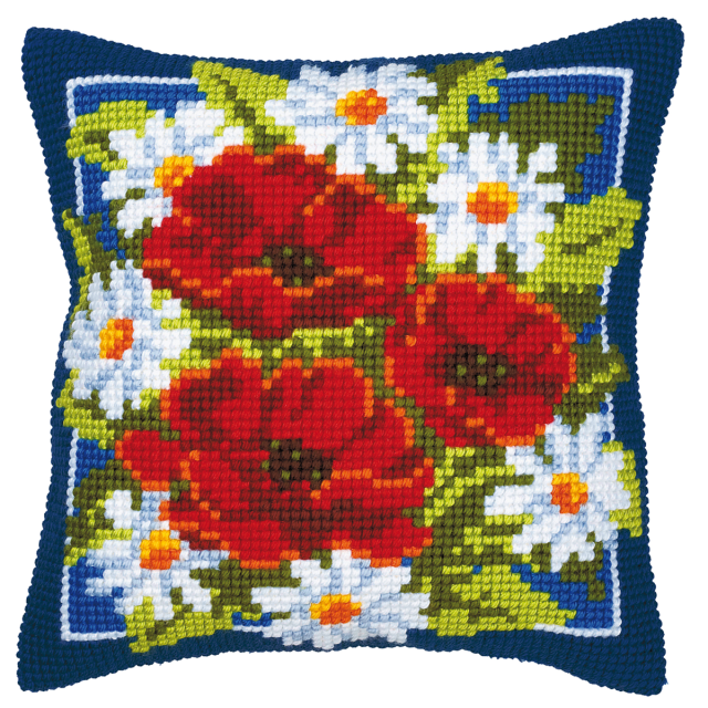 Buy Vervaco Poppies With Blue Background in Cushion Cross Stitch Kit by World of Jewellery