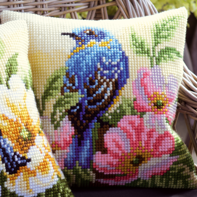 Buy Vervaco Bird on Rose Bush Cushion Cross Stitch Kit by World of Jewellery