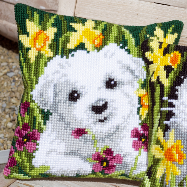 Buy Vervaco Westie in Daffodils Cushion Cross Stitch Kit by World of Jewellery