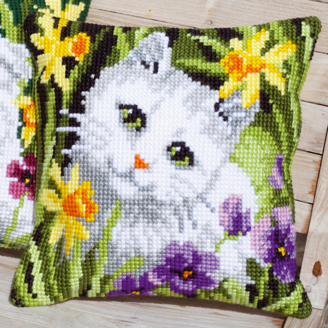 Buy Vervaco White Cat in Daffodils Cushion Cross Stitch Kit by World of Jewellery