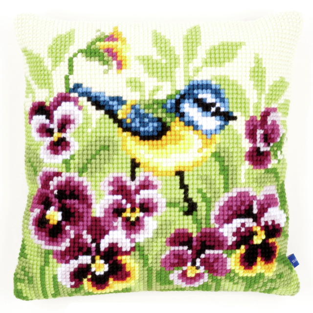 Buy Vervaco Blue Tit on Pansies Cushion Cross Stitch Kit by World of Jewellery