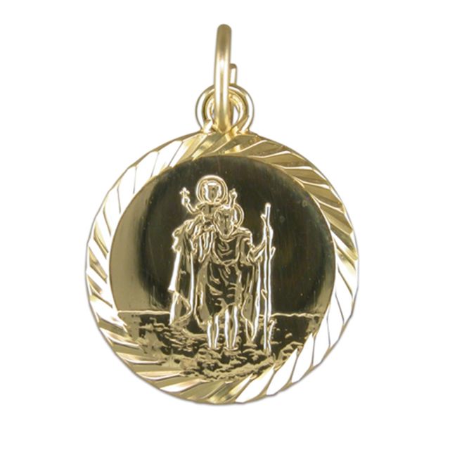 Buy Men's 9ct Gold Round Medium Diamond Cut St Christopher Pendant On A Curb Necklace by World of Jewellery
