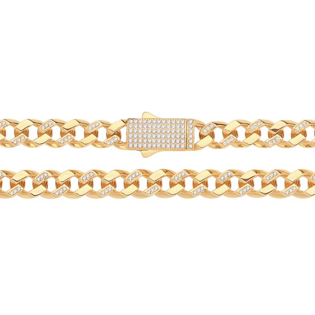 Buy Mens 9ct Gold 8.5mm Open Link Cubic Zirconia Set Cuban Curb Chain Necklace 22 - 24 Inch by World of Jewellery
