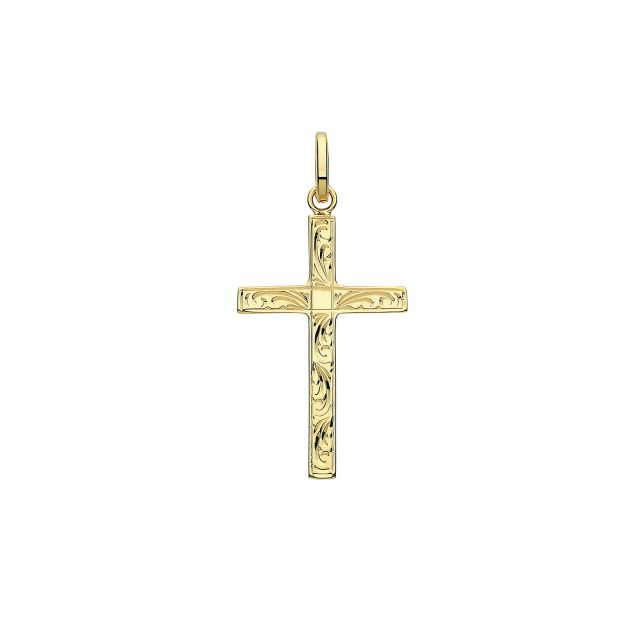 Buy 9ct Gold 27mm Semi Solid Engraved Cross Pendant by World of Jewellery