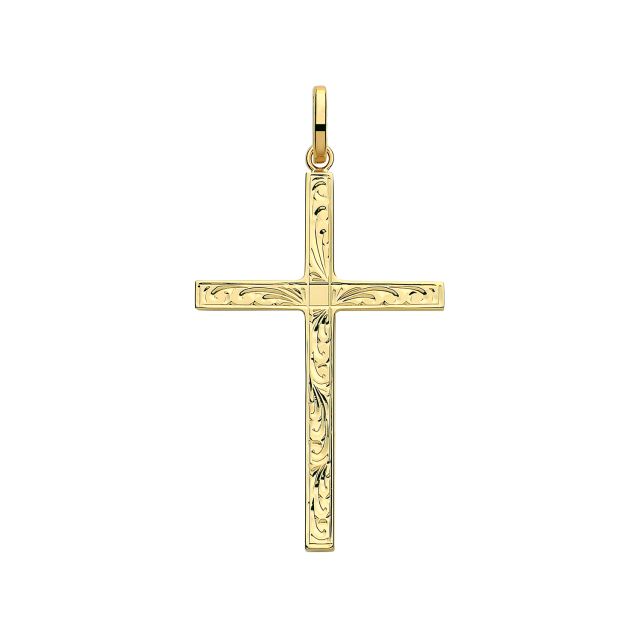 Buy Boys 9ct Gold 38mm Semi Solid Engraved Cross Pendant by World of Jewellery