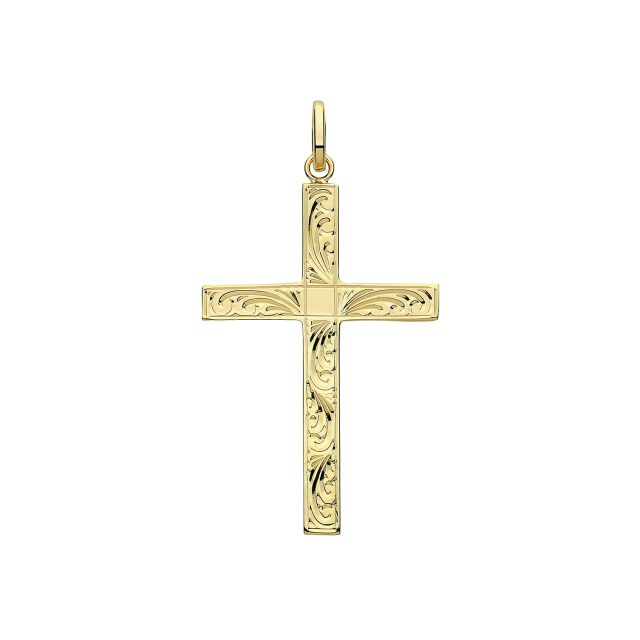 Buy Boys 9ct Gold 36mm Semi Solid Engraved Cross Pendant by World of Jewellery