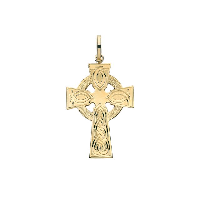 Buy Mens 9ct Gold 31mm Semi Solid Celtic Engraved Cross Pendant by World of Jewellery