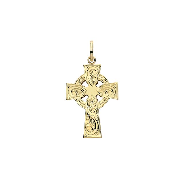 Buy 9ct Gold 27mm Semi Solid Celtic Engraved Cross Pendant by World of Jewellery