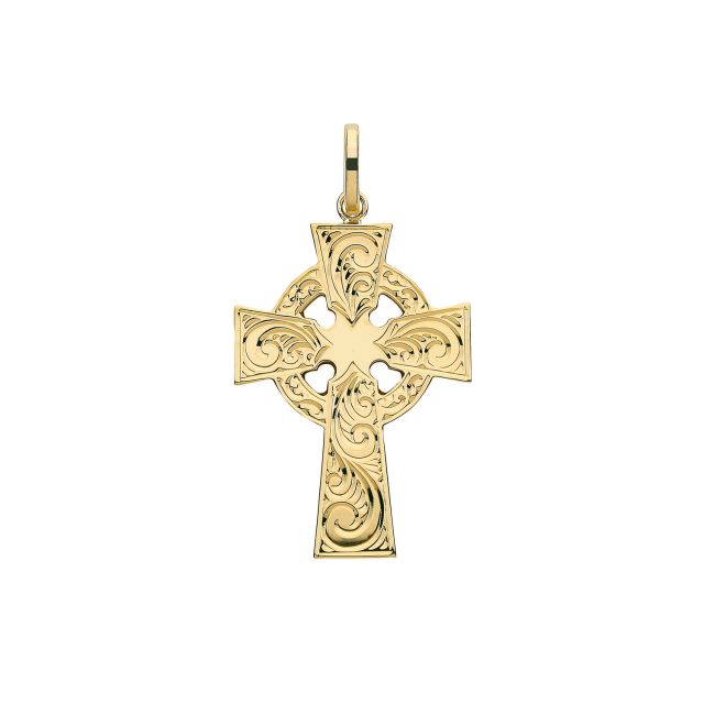 Buy 9ct Gold 32mm Semi Solid Celtic Engraved Cross Pendant by World of Jewellery