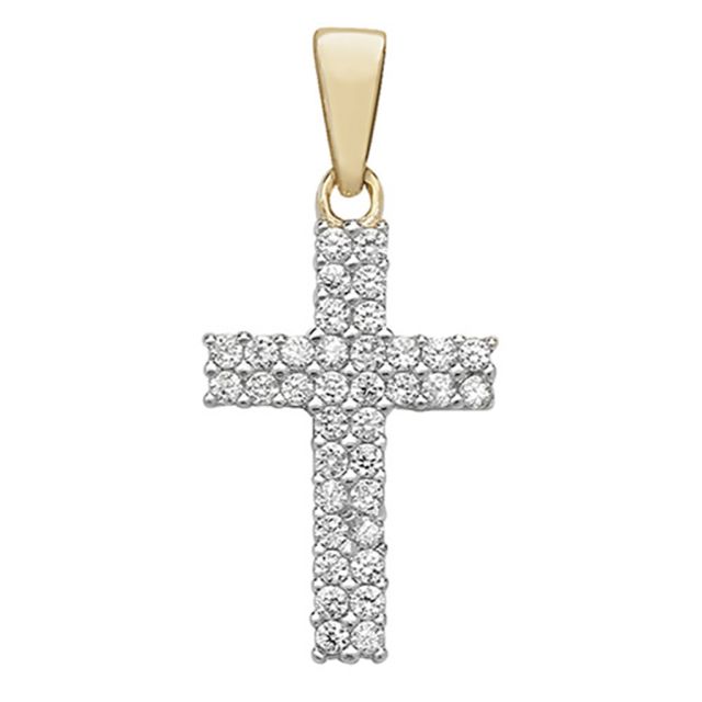 Buy Girls 9ct Gold 16mm Double Row Cubic Zirconia Cross Pendant by World of Jewellery