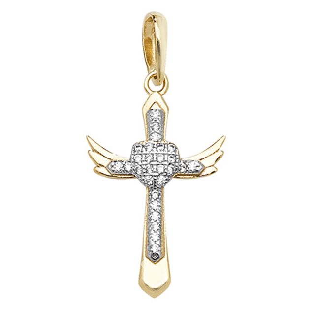 Buy 9ct Gold 24mm Cubic Zirconia Heart Cross Pendant by World of Jewellery