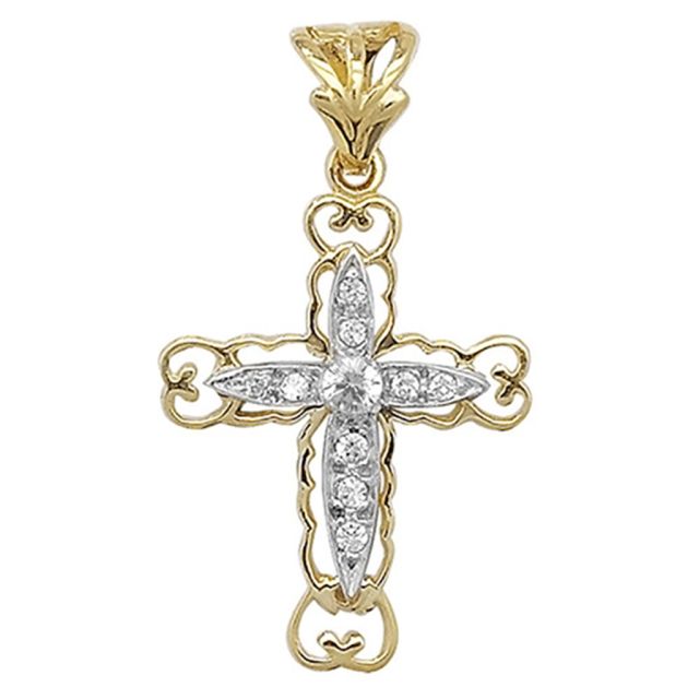 Buy 9ct Yellow and White Gold 20mm Cut Out Cubic Zirconia Cross Pendant by World of Jewellery