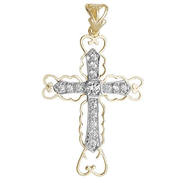 Buy 9ct Yellow and White Gold 37mm Cut Out Cubic Zirconia Cross Pendant by World of Jewellery