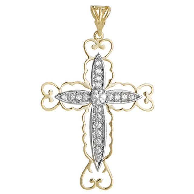 Buy 9ct Yellow and White Gold 52mm Cut Out Cubic Zirconia Cross Pendant by World of Jewellery