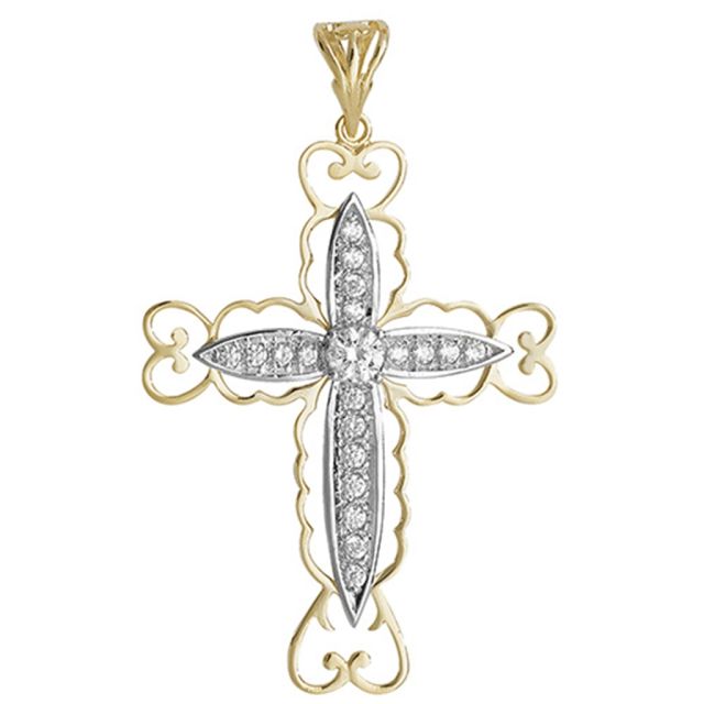 Buy 9ct Yellow and White Gold 58mm Cut Out Cubic Zirconia Cross Pendant by World of Jewellery