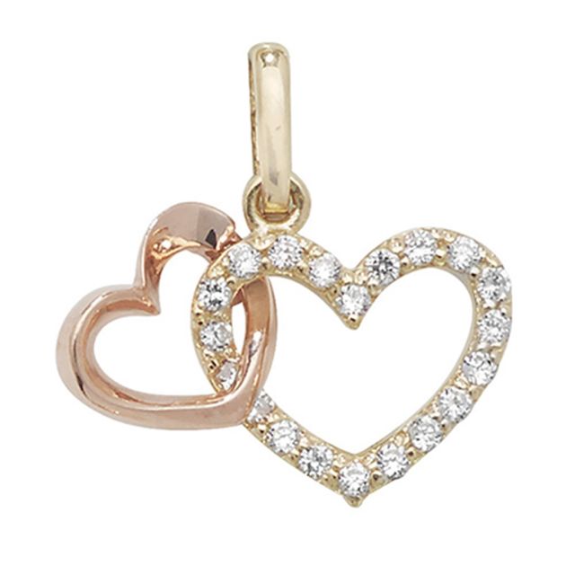 Buy 9ct Yellow and Rose Gold 10mm Cubic Zirconia Double Heart Pendant by World of Jewellery