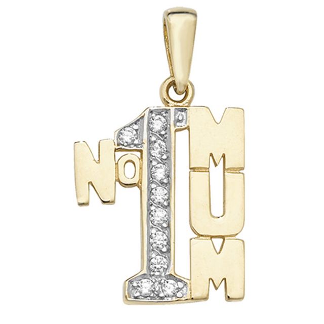 Buy 9ct Gold 20mm Cubic Zirconia Number One Mum Pendant by World of Jewellery