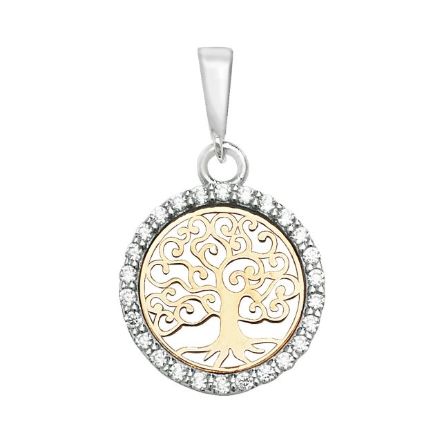 Buy Boys 9ct White And Yellow Gold 14mm Round Cubic Zirconia Tree Of Life Pendant by World of Jewellery