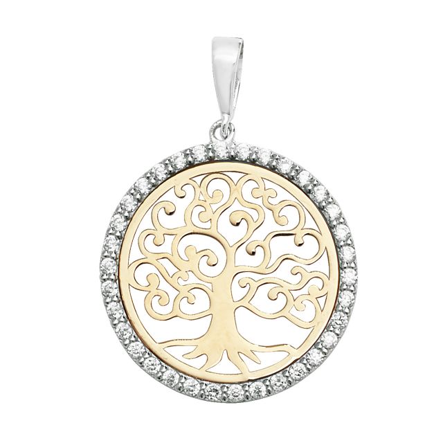 Buy Boys 9ct White And Yellow Gold 20mm Round Cubic Zirconia Tree Of Life Pendant by World of Jewellery