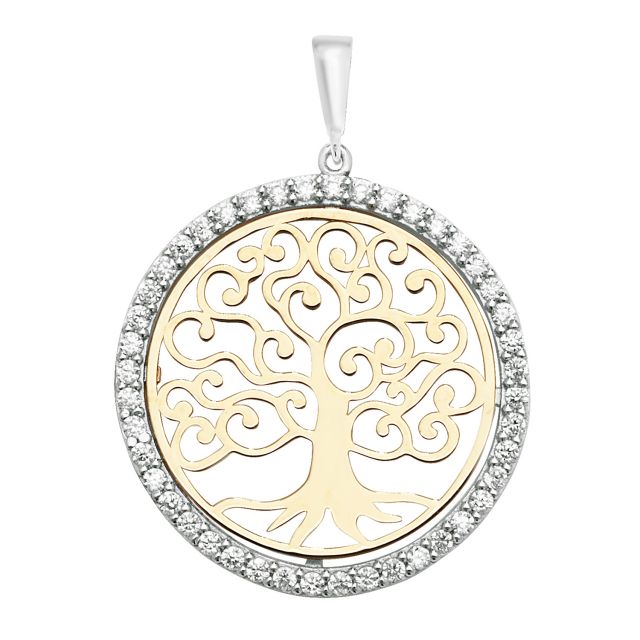 Buy Boys 9ct White And Yellow Gold 25mm Round Cubic Zirconia Tree Of Life Pendant by World of Jewellery