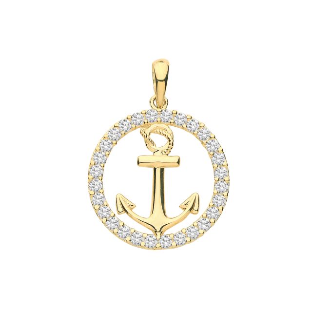 Buy Mens 9ct Gold 15mm Round Cubic Zirconia Anchor Pendant by World of Jewellery