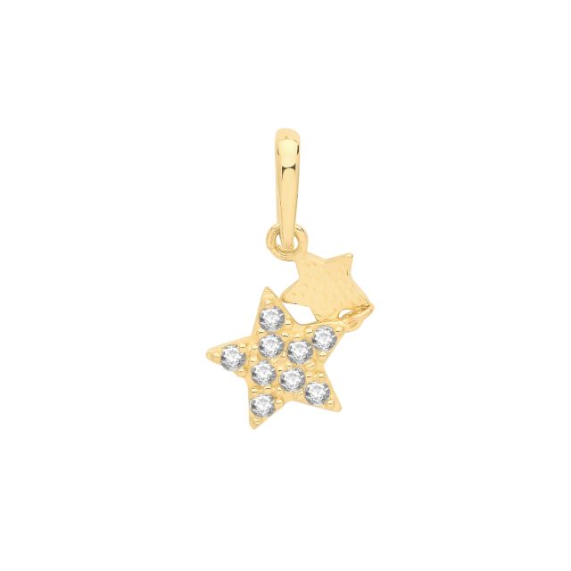 Buy Girls 9ct Gold 9mm Plain And Cubic Zirconia Double Star Pendant by World of Jewellery