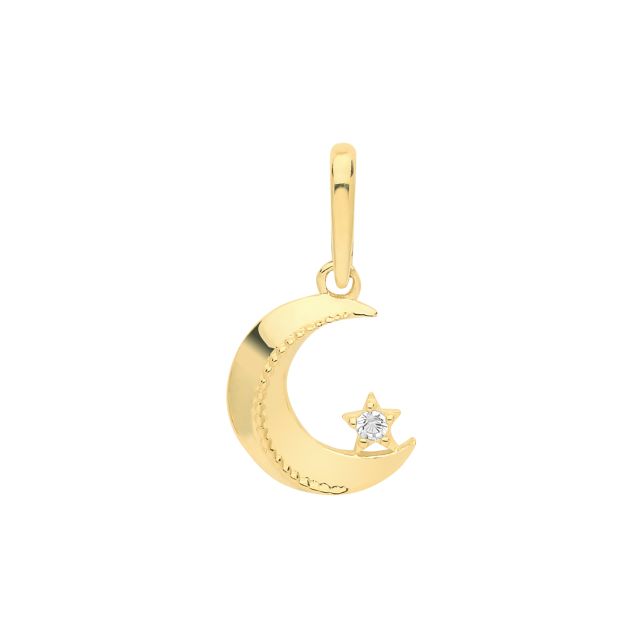 Buy 9ct Gold 10mm Cubic Zirconia Set Cresent Moon And Star Pendant by World of Jewellery