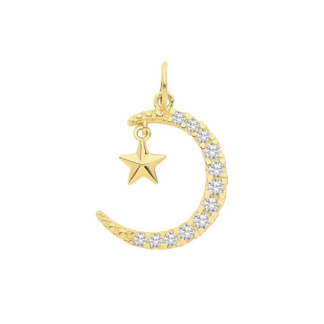 Buy 9ct Gold 13mm Cubic Zirconia Set Cresent Moon And Star Pendant by World of Jewellery
