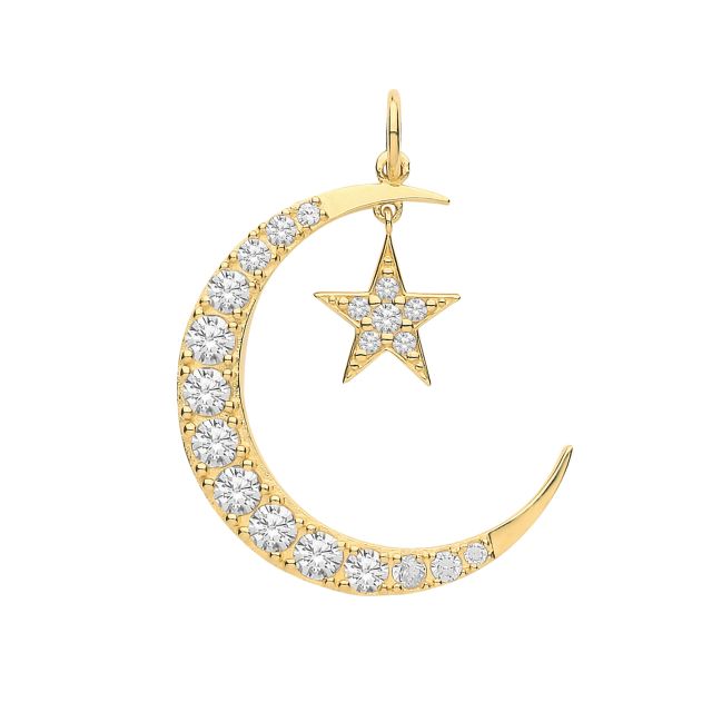Buy Girls 9ct Gold 20mm Cubic Zirconia Set Cresent Moon And Star Pendant by World of Jewellery