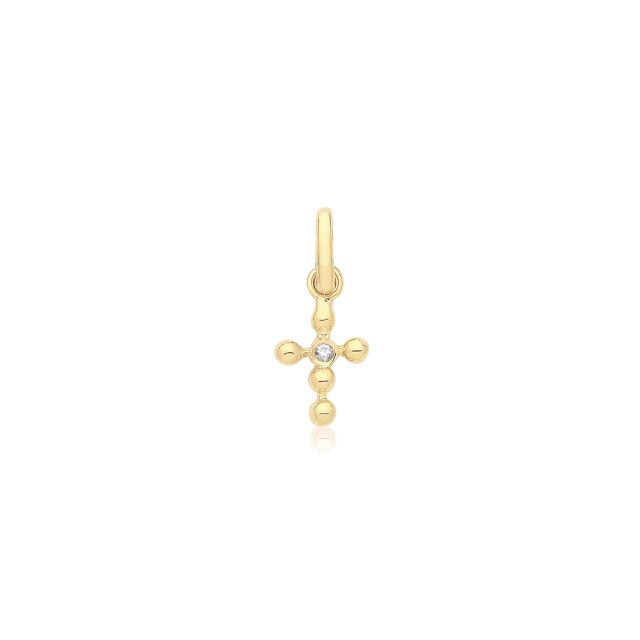 Buy Girls 9ct Gold 8mm Cubic Zirconia Single Stone And Bead Cross Pendant by World of Jewellery