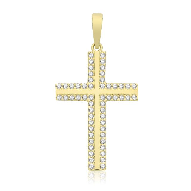 Buy 9ct Gold 25mm Cubic Zirconia Edged Cross Pendant by World of Jewellery