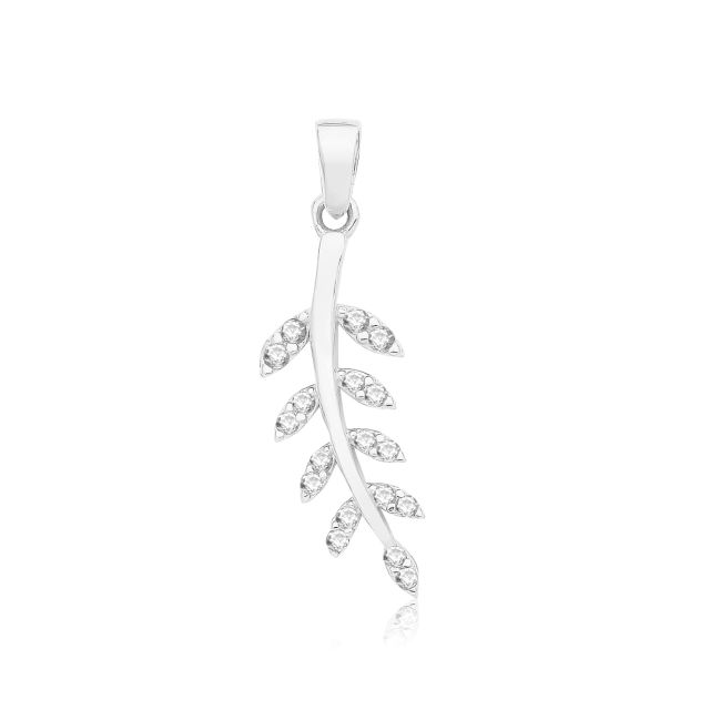 Buy 9ct White Gold 20mm Cubic Zirconia Leaf Branch Pendant by World of Jewellery