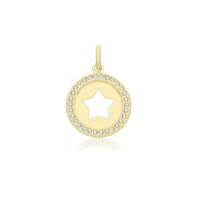 Buy 9ct Gold 12mm Round Star With Cubuc Zirconia Edge Pendant by World of Jewellery