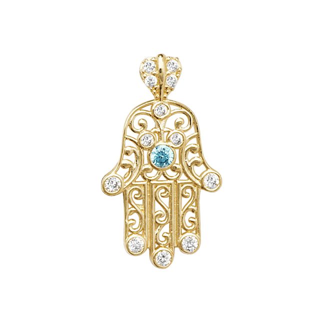 Buy Mens 9ct Gold 13mm Blue Cubic Zirconia Fancy Hamsa Hand Pendant by World of Jewellery