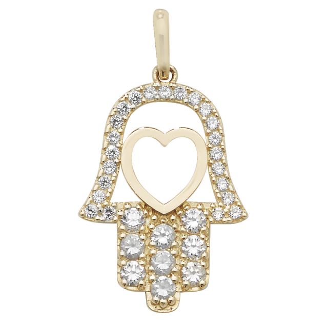 Buy Mens 9ct Gold 18mm Cubic Zirconia Heart Hamsa Hand Pendant by World of Jewellery