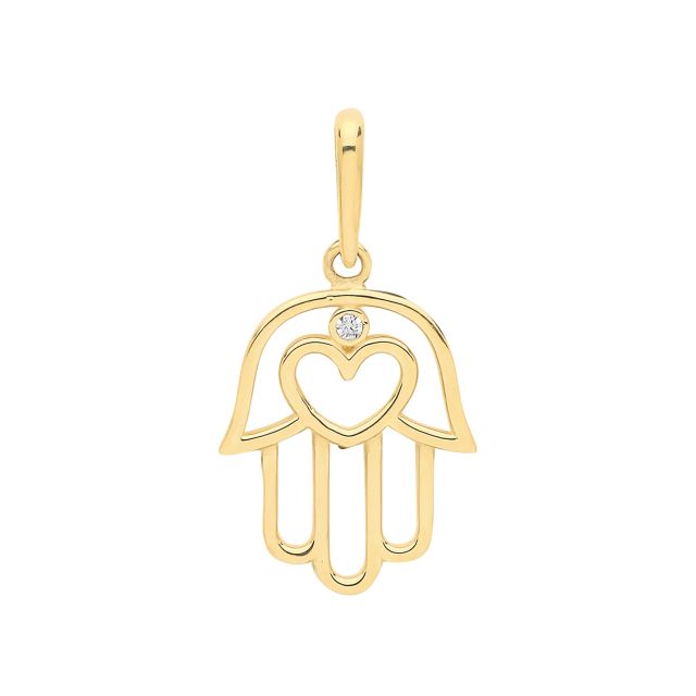 Buy Girls 9ct Gold 13mm Single Cubic Zirconia Heart Hamsa Hand Pendant by World of Jewellery
