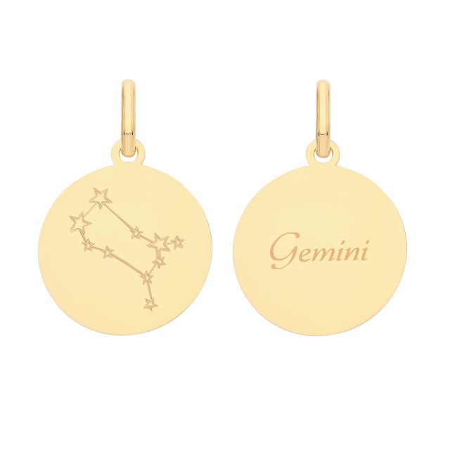 Buy Mens 9ct Gold 18mm Double Sided Round Disc Gemini Zodiac And Constellation Pendant by World of Jewellery