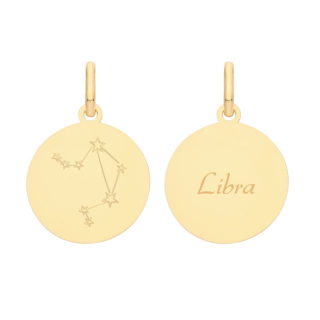 Buy Mens 9ct Gold 18mm Double Sided Round Disc Libra Zodiac And Constellation Pendant by World of Jewellery