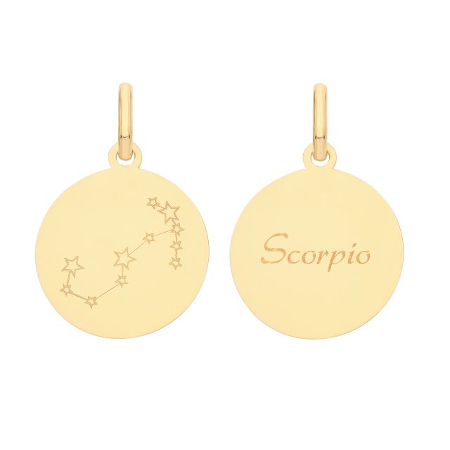 Buy Mens 9ct Gold 18mm Double Sided Round Disc Scorpio Zodiac And Constellation Pendant by World of Jewellery