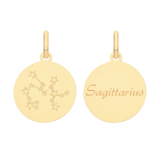 Buy Mens 9ct Gold 18mm Double Sided Round Disc Sagittarius Zodiac And Constellation Pendant by World of Jewellery