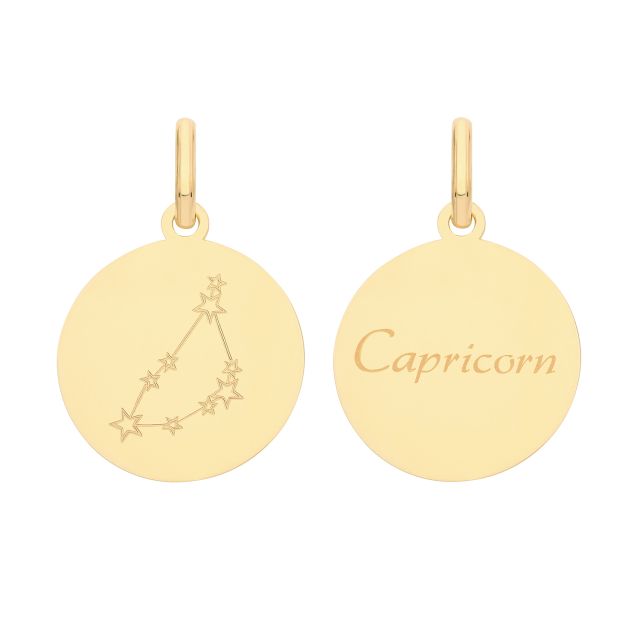 Buy Mens 9ct Gold 18mm Double Sided Round Disc Capricorn Zodiac And Constellation Pendant by World of Jewellery