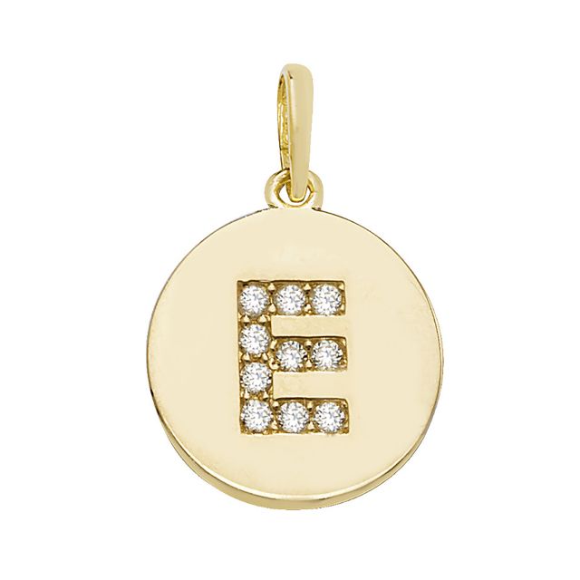 Buy 9ct Gold 12mm Cubic Zirconia Round Disc Initial E Pendant by World of Jewellery