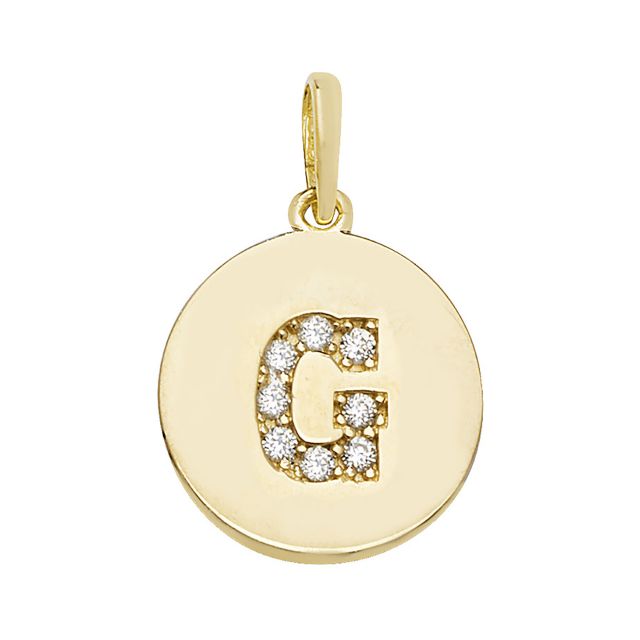 Buy Mens 9ct Gold 12mm Cubic Zirconia Round Disc Initial G Pendant by World of Jewellery