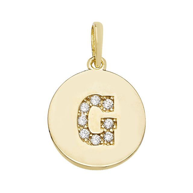 Buy 9ct Gold 12mm Cubic Zirconia Round Disc Initial G Pendant by World of Jewellery