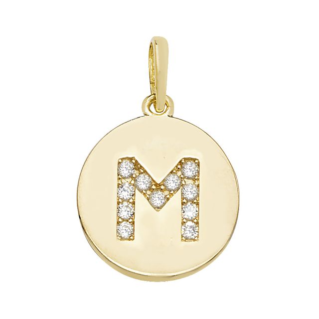 Buy Mens 9ct Gold 12mm Cubic Zirconia Round Disc Initial M Pendant by World of Jewellery