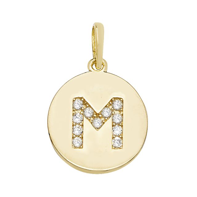 Buy 9ct Gold 12mm Cubic Zirconia Round Disc Initial M Pendant by World of Jewellery