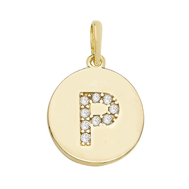 Buy 9ct Gold 12mm Cubic Zirconia Round Disc Initial P Pendant by World of Jewellery
