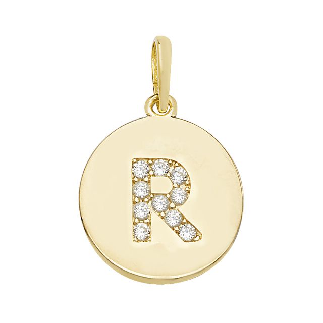Buy Girls 9ct Gold 12mm Cubic Zirconia Round Disc Initial R Pendant by World of Jewellery
