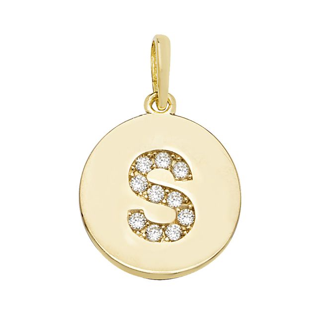 Buy 9ct Gold 12mm Cubic Zirconia Round Disc Initial S Pendant by World of Jewellery